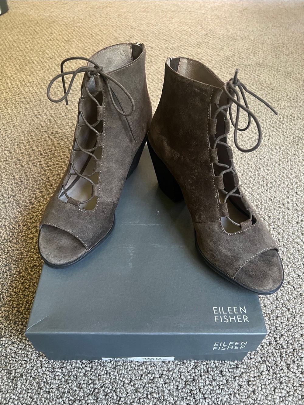 Eileen Fisher Dark Brown Suede Lace-Up Peep-Toe Ankle Boots